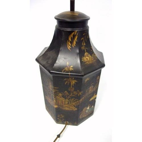 257 - Octagonal metal “tea caddy” table lamp with black and gilt chinoiserie decoration, H 44.5cm, with sh... 