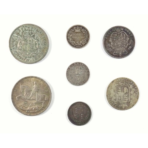 7 - George IV halfcrown, 1821, William IV shilling, 1836,  Victoria halfcrown, 1877, shilling, 1887, 189... 