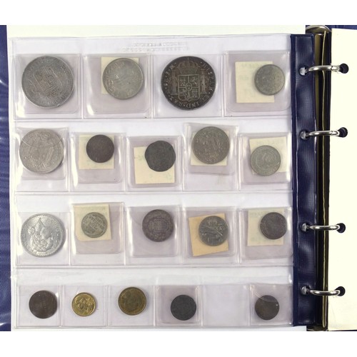 13 - Album containing foreign silver and other coins including Charles III 8 reales, 1787, Mexico mint, v... 