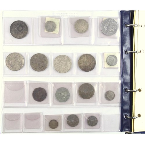 13 - Album containing foreign silver and other coins including Charles III 8 reales, 1787, Mexico mint, v... 