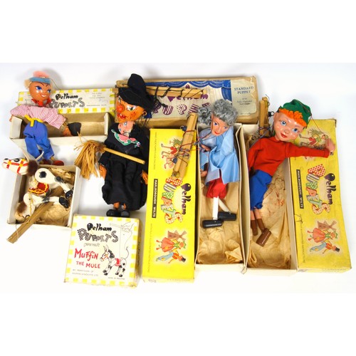 358 - 5 Pelham string puppets comprising “Twizzle”, “Witch”, “Prince Charming”, “Boy”, and “Muffin the Mul... 