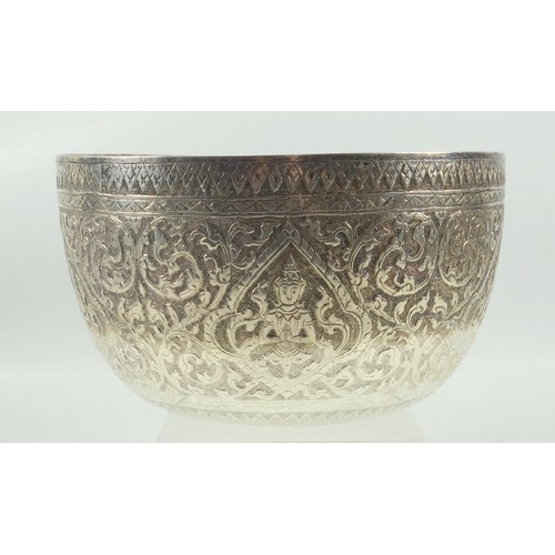 2 - Burmese white metal circular bowl embossed with Buddhas and scrolling floral decoration, D 19cm, 379... 