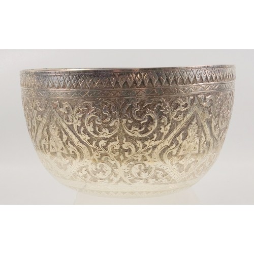 2 - Burmese white metal circular bowl embossed with Buddhas and scrolling floral decoration, D 19cm, 379... 