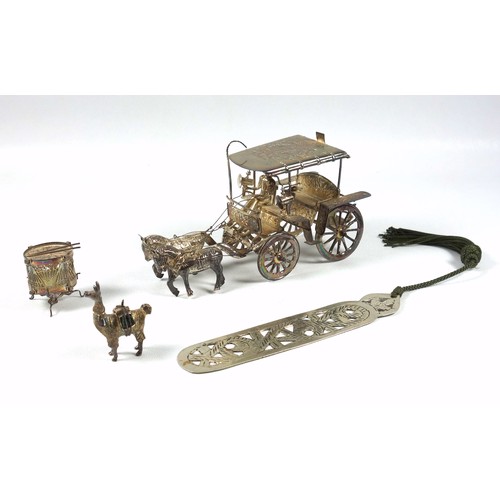 3 - Burmese white metal model of a covered carriage with figure and 2 horses, L 15.7cm, model of a llama... 