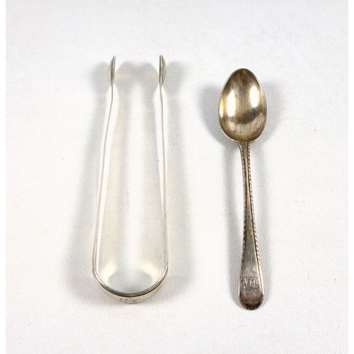 8 - George III silver bright cut tea spoon; sugar tongs, by Peter & Ann Bateman London 1794; child's spo... 