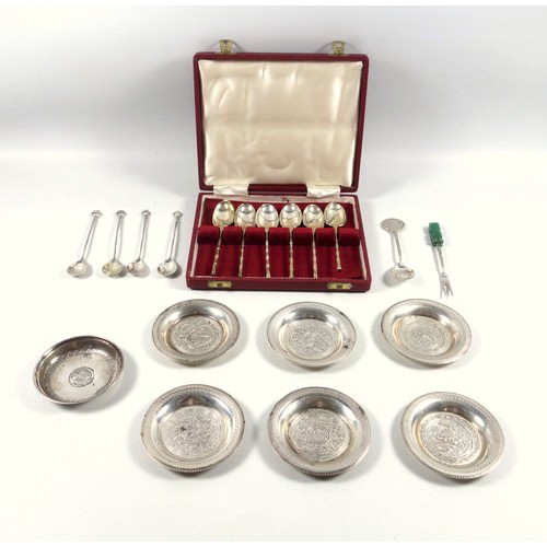 10 - 4 Egyptian white metal dishes; another dish; set of 6 Chinese coffee spoons with handles styled as b... 