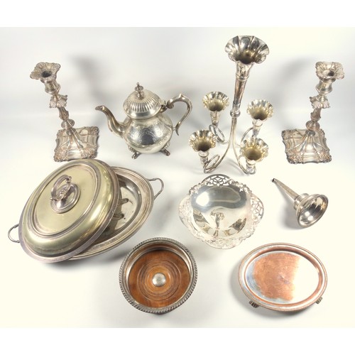 22 - Pair of mid 18th century Old Sheffield plated candlesticks, each with embossed floral decoration, ba... 