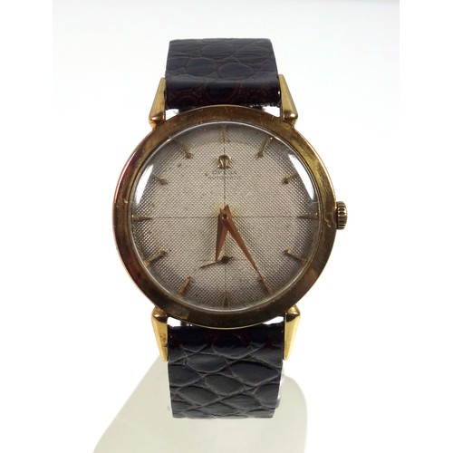 39 - Omega yellow metal gentleman's wristwatch with an ivory coloured dial, seconds dial and arrow head m... 