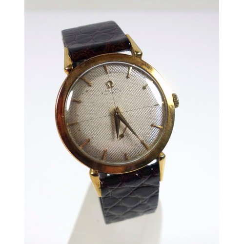 39 - Omega yellow metal gentleman's wristwatch with an ivory coloured dial, seconds dial and arrow head m... 