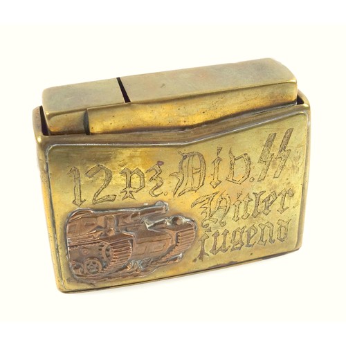 59 - WW2 German brass table lighter inscribed '12 pz. Div. SS Hitlerjugend', with applied metal tank embl... 