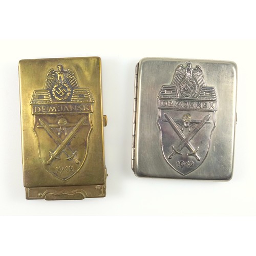 60 - WW2 German brass cigarette case and lighter with applied Demjansk 1942 emblem (possibly using a repu... 