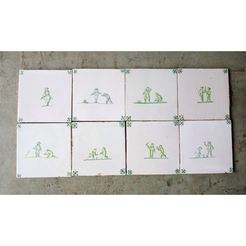 130 - 19th century delft tiles, square, handpainted in green depicting children playing, 13cm, approx. 25 ... 