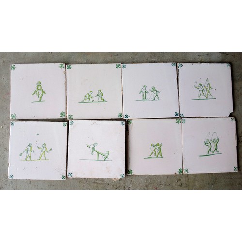 133 - 19th century delft tiles, square, handpainted in green depicting children playing, 13cm, approx. 25 ... 