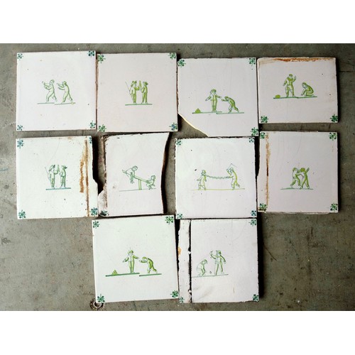 133 - 19th century delft tiles, square, handpainted in green depicting children playing, 13cm, approx. 25 ... 