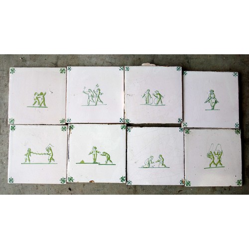 135 - 19th century delft tiles, square, handpainted in green depicting children playing, 13cm, approx. 25 ... 