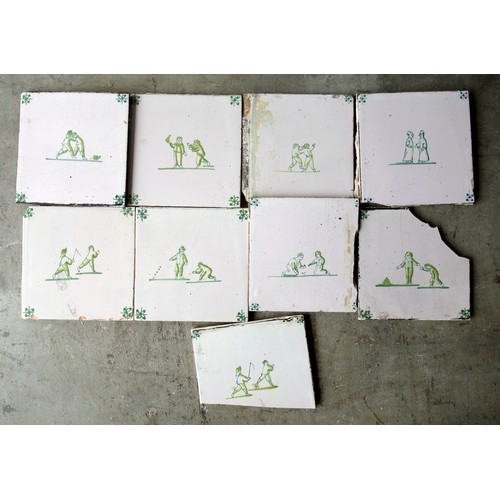 135 - 19th century delft tiles, square, handpainted in green depicting children playing, 13cm, approx. 25 ... 