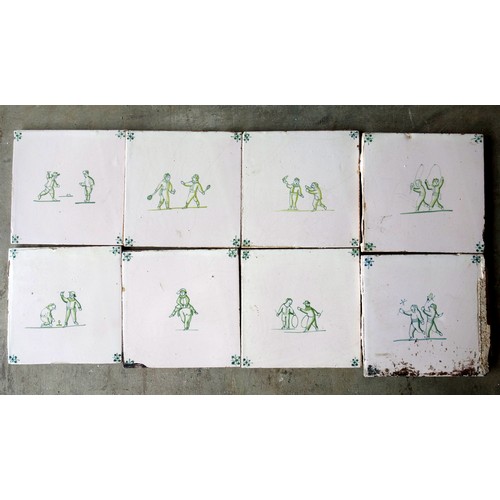 137 - 19th century delft tiles, square, handpainted in green depicting children playing, 13cm, approx. 25 ... 