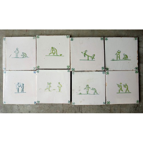 139 - 19th century delft tiles, square, handpainted in green depicting children playing, 13cm, approx. 25 ... 