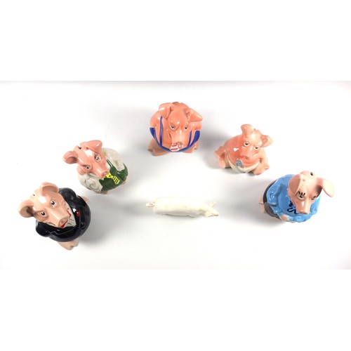 143 - Family of five Natwest Wade pigs, Beswick pig W17cm, ceramic foal W21cm, two ceramic owl book ends H... 