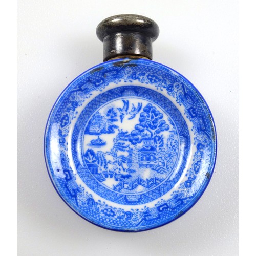 158 - Late Victorian ceramic scent bottle with blue and white willow pattern dished sides, and a silver mo... 