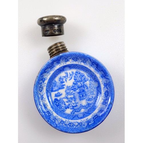 158 - Late Victorian ceramic scent bottle with blue and white willow pattern dished sides, and a silver mo... 