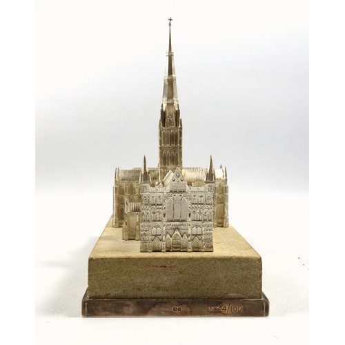 25 - Silver model of Salisbury Cathedral no.4 of 100 on a stone and silver plinth, hallmarked TM London 1... 