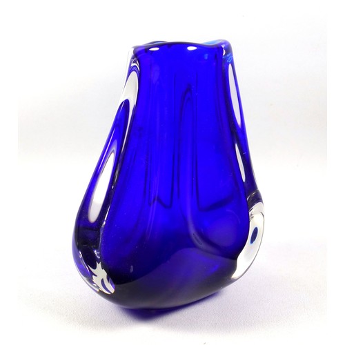 165 - Murano Sommerso style cobalt blue and clear glass vase, signature to base. 17.5cm.