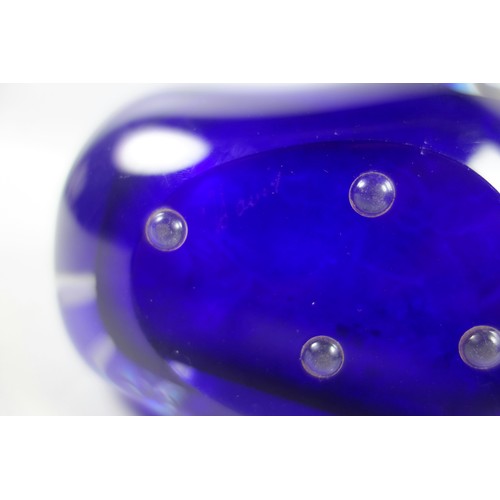 165 - Murano Sommerso style cobalt blue and clear glass vase, signature to base. 17.5cm.