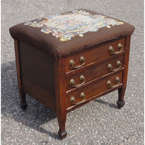 223 - Edwardian stained beech piano stool with gros point upholstered seat and 3 fall front drawers below,... 