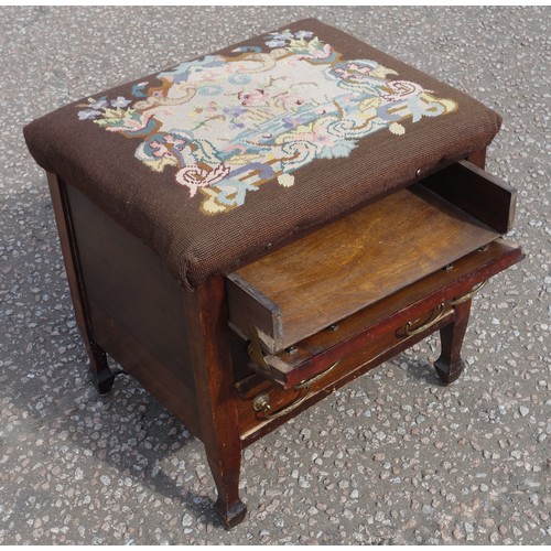 223 - Edwardian stained beech piano stool with gros point upholstered seat and 3 fall front drawers below,... 