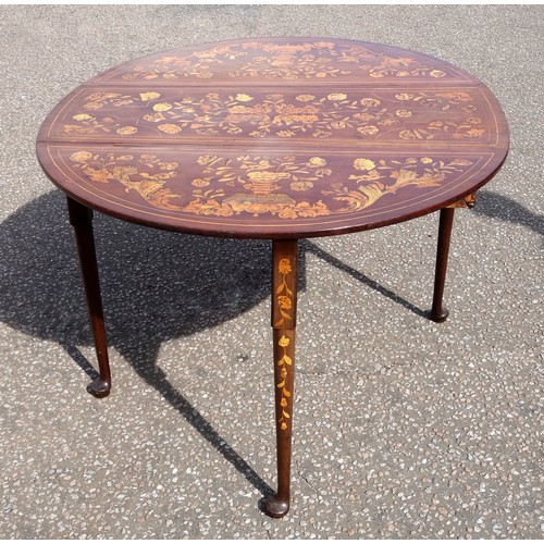 226 - 18th century Dutch oval drop-leaf table with inlaid all-over floral decoration, with a drawer, on tu... 