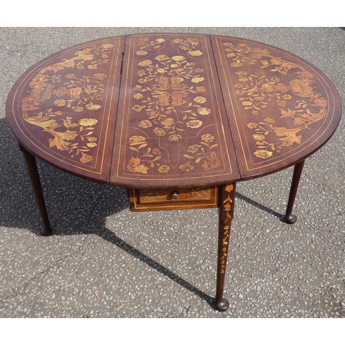 226 - 18th century Dutch oval drop-leaf table with inlaid all-over floral decoration, with a drawer, on tu... 