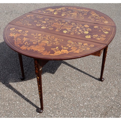 226 - 18th century Dutch oval drop-leaf table with inlaid all-over floral decoration, with a drawer, on tu... 