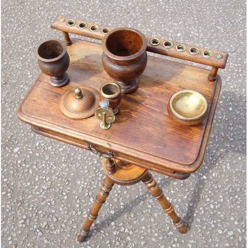 222 - Rare late Victorian beech and birch smokers’ compendium with a pipe rack for 12 pipes, turned balust... 