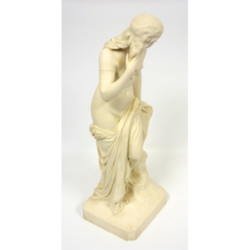 121 - Victorian Copeland Parian figure of Egeria, semi-clad, standing on a rectangular base, H.57.5cm, (su... 