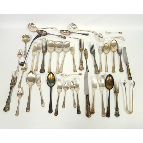 12 - A quantity of silver plate and pewter items, including 2 meat skewers with Prince of Wales feathers,... 