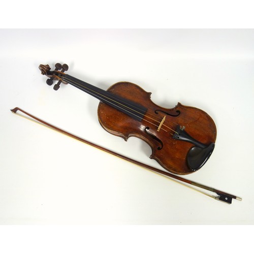 116 - Old violin, length of 1 piece back, 13.9 inches, with a bow, cased. (3)