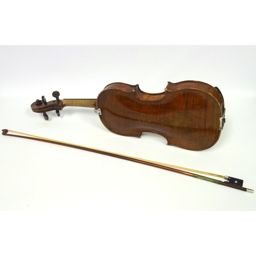 116 - Old violin, length of 1 piece back, 13.9 inches, with a bow, cased. (3)