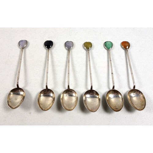 35 - Set of 6 white metal coffee spoons with coloured stone finials, marked 