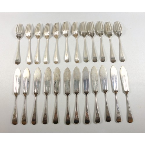 37 - Part suite of silver rat-tail pattern cutlery comprising 12 fish knives, 12 fish forks, 12 soup spoo... 