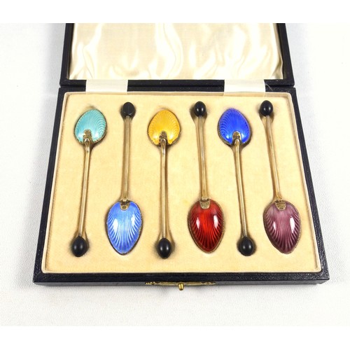 46 - Set of 6 gilt silver coffee spoons with coloured enamel shell backs and bean tops by Barker Brothers... 