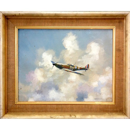 93 - John Easthope, Spitfire in flight, oil on board, signed, 34 x 44cm.