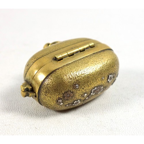 19th century Japanese small tinder box with iron flintlock mechanism  (hiuchi) contained in a brass h