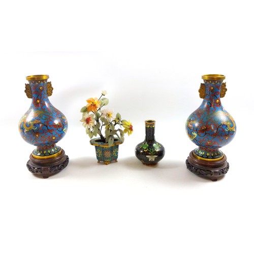 113 - Pair of Chinese cloisonne baluster vases, each with dragon and floral decoration on a turquoise grou... 