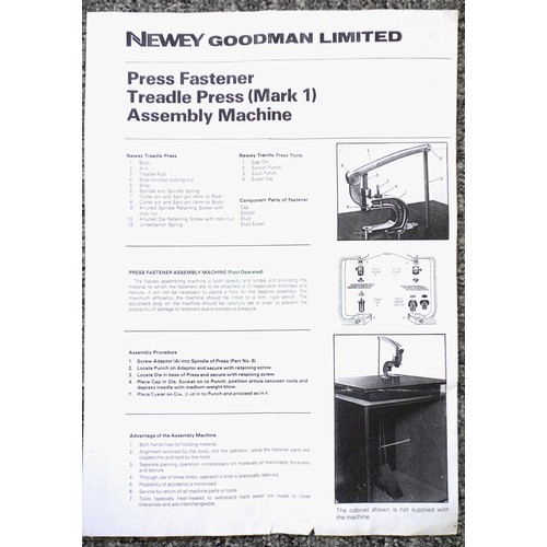 99 - Newey Goodman Ltd. Press Fastener Treadle Press (Mark 1) Assembly Machine, and a quantity of chrome ... 