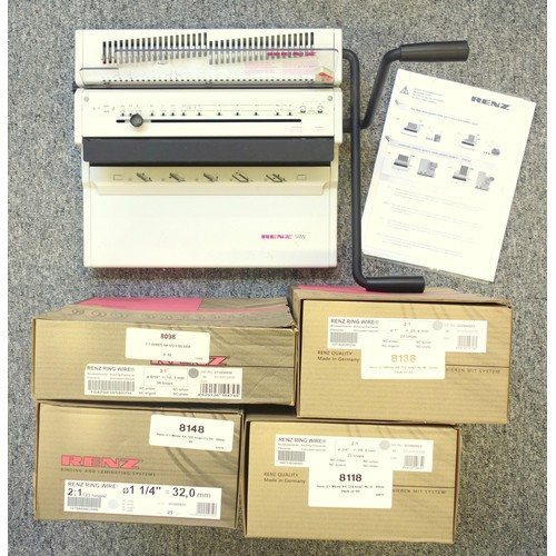 101 - Renz SRW ring wire binding machine and 4 boxes of wire comb elements, some incomplete, various sizes... 