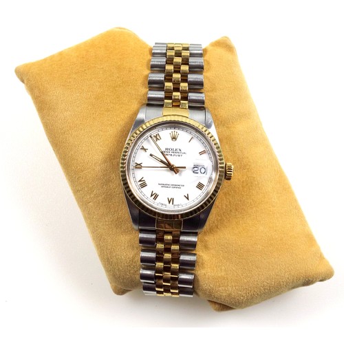396 - Gentleman's Rolex Oyster Perpetual Datejust wrist watch with a white enamelled dial and gold Roman n...