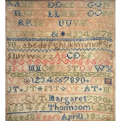 384 - William IV sampler with letters and numerals, by Margaret Thomson, aged 8 years, April 1836, 26 x 23... 