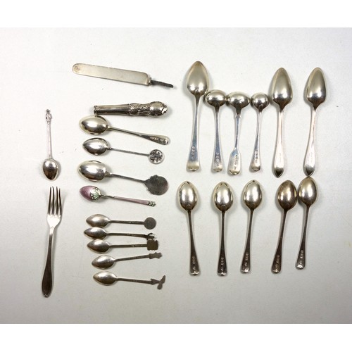 3 - 2 George III salt spoons, London, 1788 and 1810; teaspoon, 1806; Victorian fiddle pattern salt spoon... 