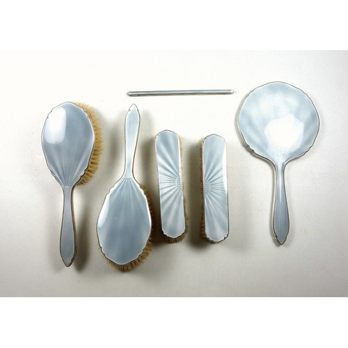 10 - George V silver and light grey-blue guilloché enamel dressing table set, comprising 2 hairbrushes, L... 
